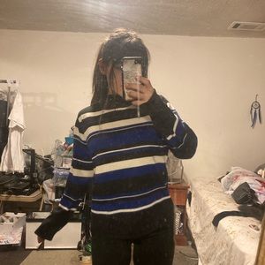 White black and blue stripped long sleeve with mock neck